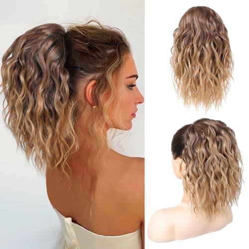 Photo 1 of SEIKEA Ponytail Extension, 14" Short Wavy Drawstring Ponytail Lightweight Multi Layered Fake Pony Tails Hair Extensions Natural Soft Clip in Hair Extensions Ponytail Brown to Blonde