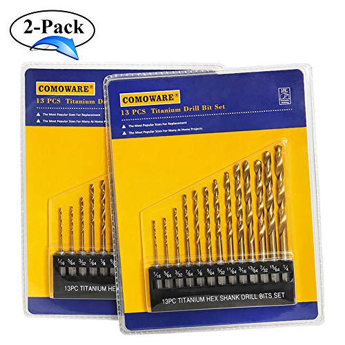 COMOWARE Titanium Twist Drill Bit Set - 13 Pcs Hex Shank High Speed Steel for Steel Wood Plastic Aluminum Alloy, 1/16"-1/4", 2pack