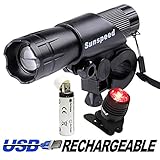 Sunspeed Waterproof USB Rechargeable LED Bike Light Set - LED Bright Headlight for Front and 1 Free USB Rechargeable Tail Light - 1 USB Rechargeable Battery Included - No-hassle Replacement Guarantee
