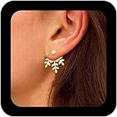 Vacaonio Boho Gold Plated Leaf Ear Jacket Earrings Leaf Branch Stud Earring Leaves Branch Front Back Earrings Minimalist Gold Earring Jewelry for Women