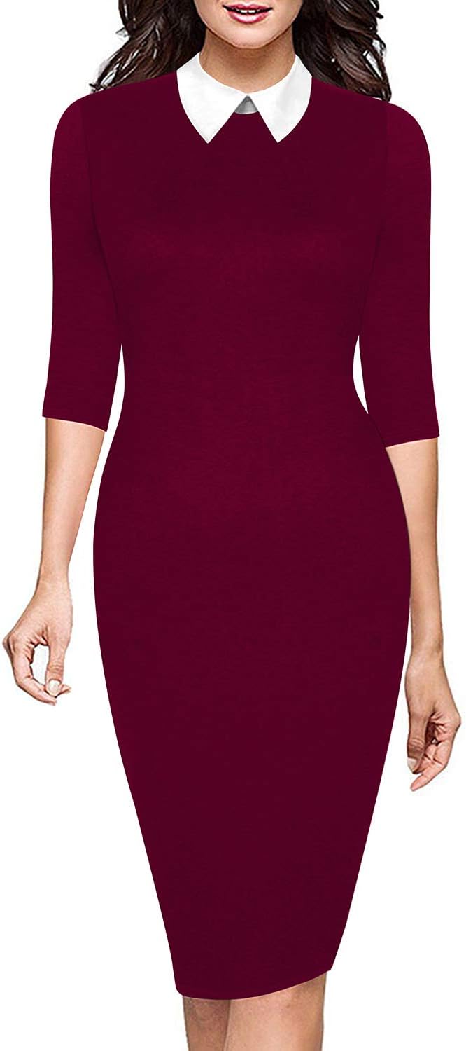 Ranphee Women's Vintage Striped Print 3/4 Sleeve Work Bodycon Sheath Pencil Dress