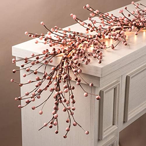 Pink Berry Garland with Lights, 5.5 Ft Grapevine Garland with Blush