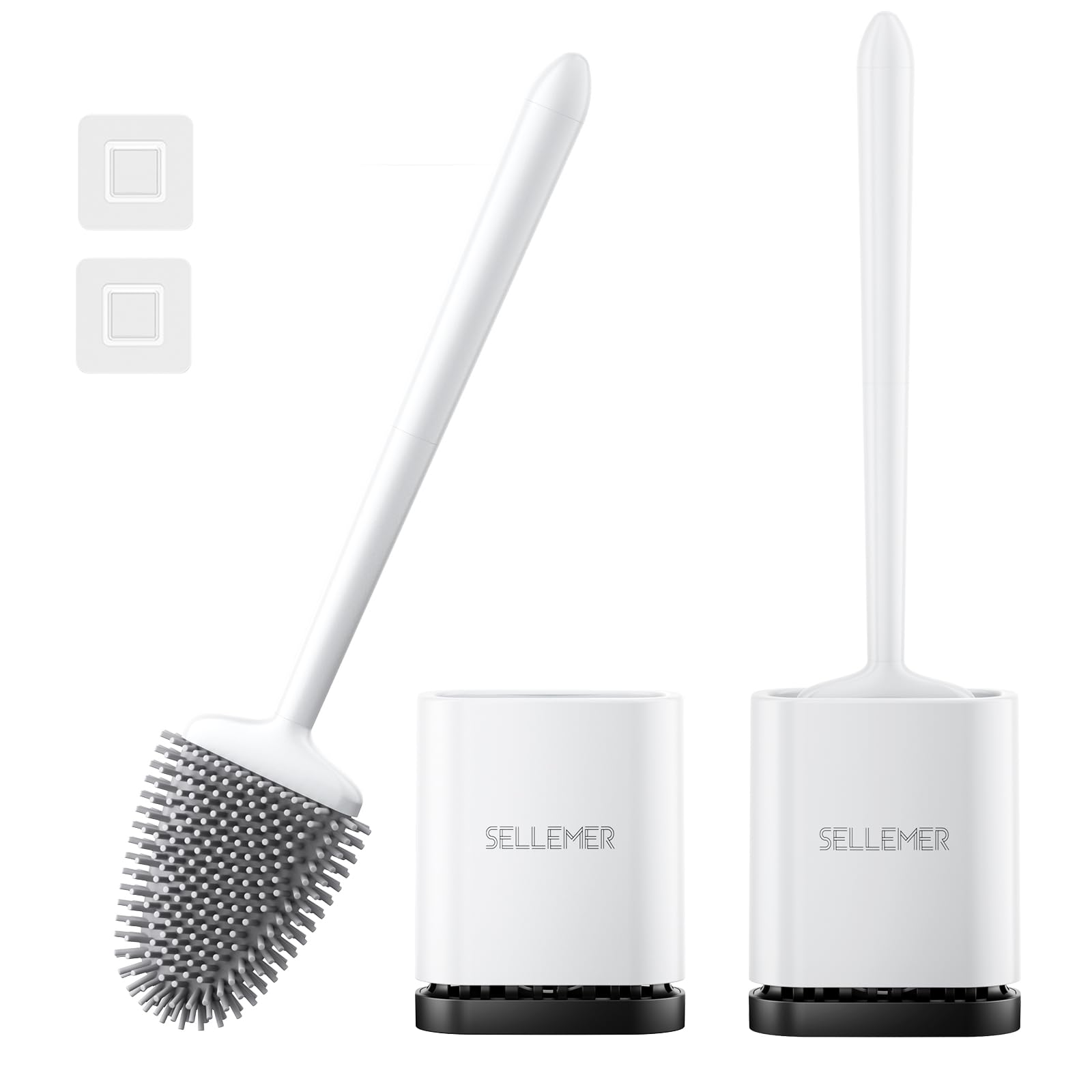 Sellemer 2 Pack Silicone Toilet Brush with Holder: Wall/Floor Mounted WC Brush, with Quick-Drying Holder, Flexible Silicon Scrubber for Toilet (White)
