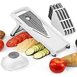 Mandoline Vegetable Slicer by Blue Sky Chef - Easy and adjustable 5 blade stainless steel cutter with kitchen safe wide guard - Commercial grade portable handheld grater - Thin julienne veggie chips