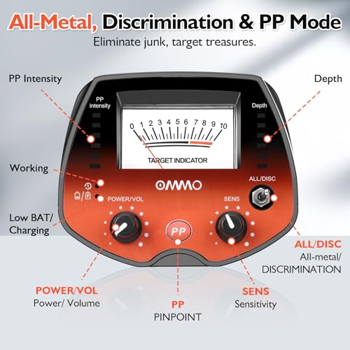 OMMO Professional Metal Detector for Adults and Children, Pinpointer USB Rechargeable Metal Detector, 3 Modes, High Precision, IP68 Waterproof Coil, Metal Detector with Headphones, Orange