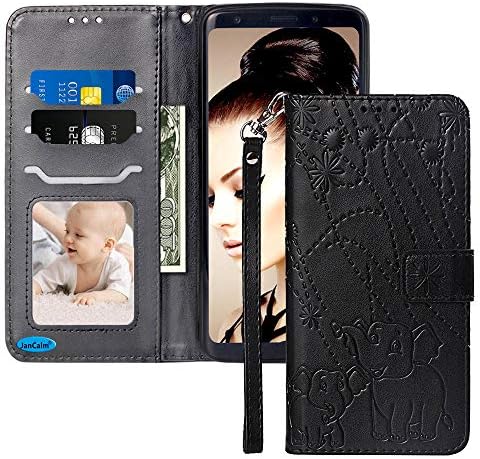 JanCalm PU Leather Wallet Design for Galaxy S8 Plus Case 6.2-Inch,[Elephant Pattern][Folio Cover][Kickstand][Wrist Strap] Credit Card Flip Case with Card Slot + Side Pocket Magnetic Closure (Black)