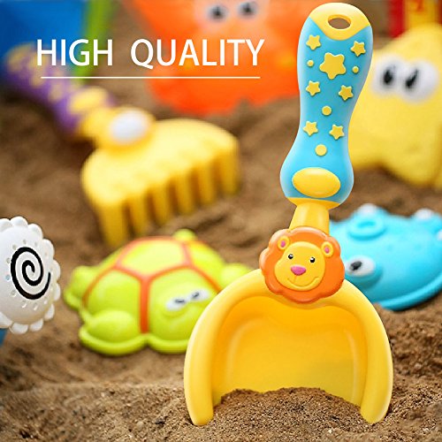 Growthpic Kids Beach Sand Toy Set with Bucket, Sand Wheel, Watering Can, Shovel, Rake, Rolling Rake and 5 Sea Creatures Molds and Sand Tool Play Set for Babies and Toddlers