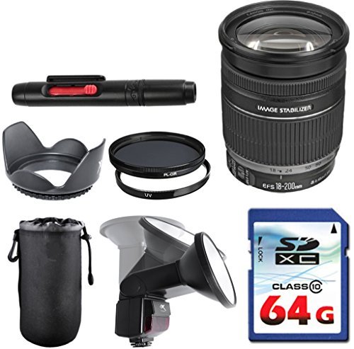 Canon EF-S 18-200mm f/3.5-5.6 IS Lens Bundle + Commander UV Filter + Polarizer Filter + 2 In 1 Lens Cleaning Pen + High Speed 64GB Memory Card + Tulip Hood + Manual Flip Flash + Deluxe Lens Case