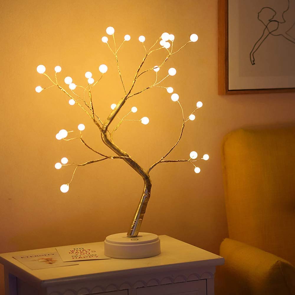 Redlution Tree Branch Lights,Warm White 36 LED Pearls Decorative Desk Table Lamp Battery Operated or USB Supply Copper Wire Tree Bedside Lamp with Touch Switch for Home Room Decor