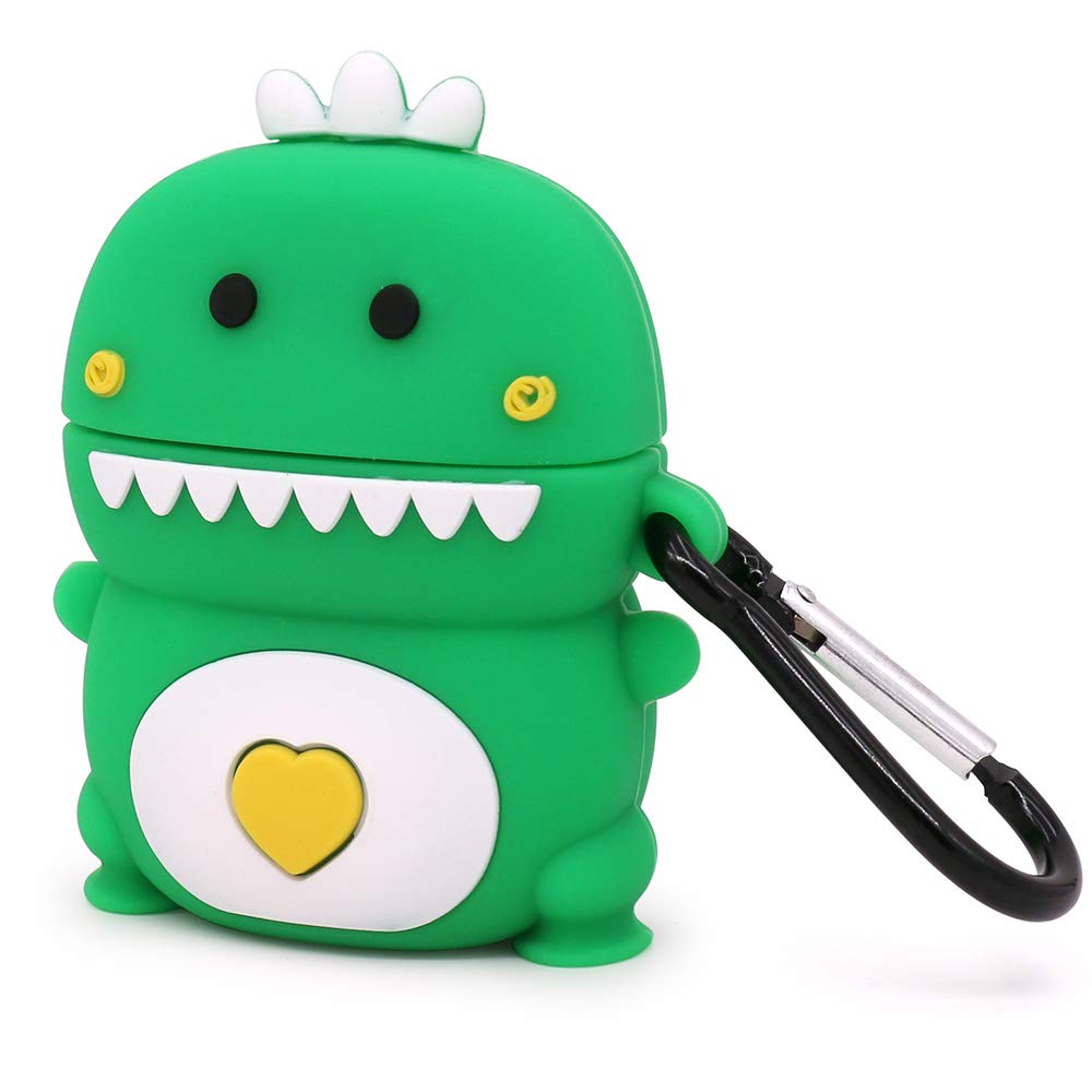 LKKJ Cute Airpods Case, Airpods 2 Case, Green Dinosaur Funny 3D Cartoon Kawaii Animals Case, Shockproof Full Protection Soft Silicone Charging Case Cover with Keychain for Girls Kids Boys Women