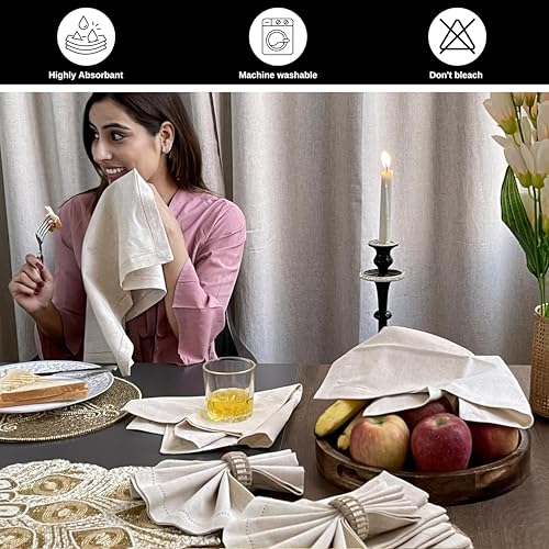 BEDDING CRAFT Set of 12 Linen Flax Cotton Cloth Dinner Napkin with Hemstitched 20x20 Natural, Mitered Corners -Perfect for Wedding, Dinner, Parties and Table Decorations