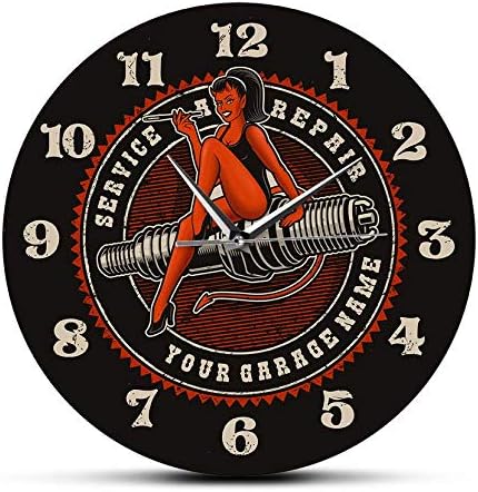 RTYRT Acryl Wanduhr Garage Wanduhr Teufel Mädchen auf Zündkerze Motor