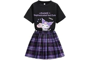 Satdflie Cartoon Girls Jk School Uniform Sets Short Sleeve Crewneck T Shirt and Plaid Pleated Mini Skirt 2 Piece Outfits Set