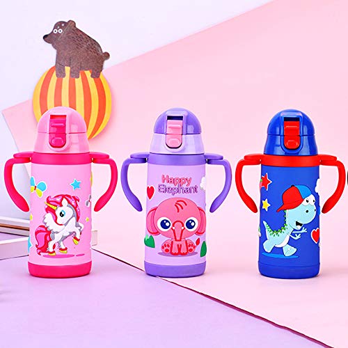 Kids Water Bottle With Straw Unicorn Thermoses Stainless Steel Insulated Vacuum Cup BPA Free Spillproof Thermal Water Cup For Girls School Lunch - With Handle And Shoulder Strap -12oz, Purple