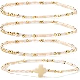Bohxantium Gold Beaded Cross Bracelet for Women Dainty Stackable Boho 14K Gold Plated Small Colorful Seed Beads Bracelet Stack Christian Jewelry Non Tarnish Elastic Stretch Friendship Christian Gift
