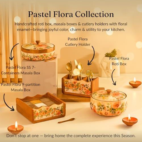 Brick Brown® Wooden Masala Box, Pastel Color, Enameled, for Kitchen, Spice Jars, Spice Rack, Masala Dani Organizer, Storage Box with 7 Containers and 1 Wooden Spoon (21.1 x 10.7cm)
