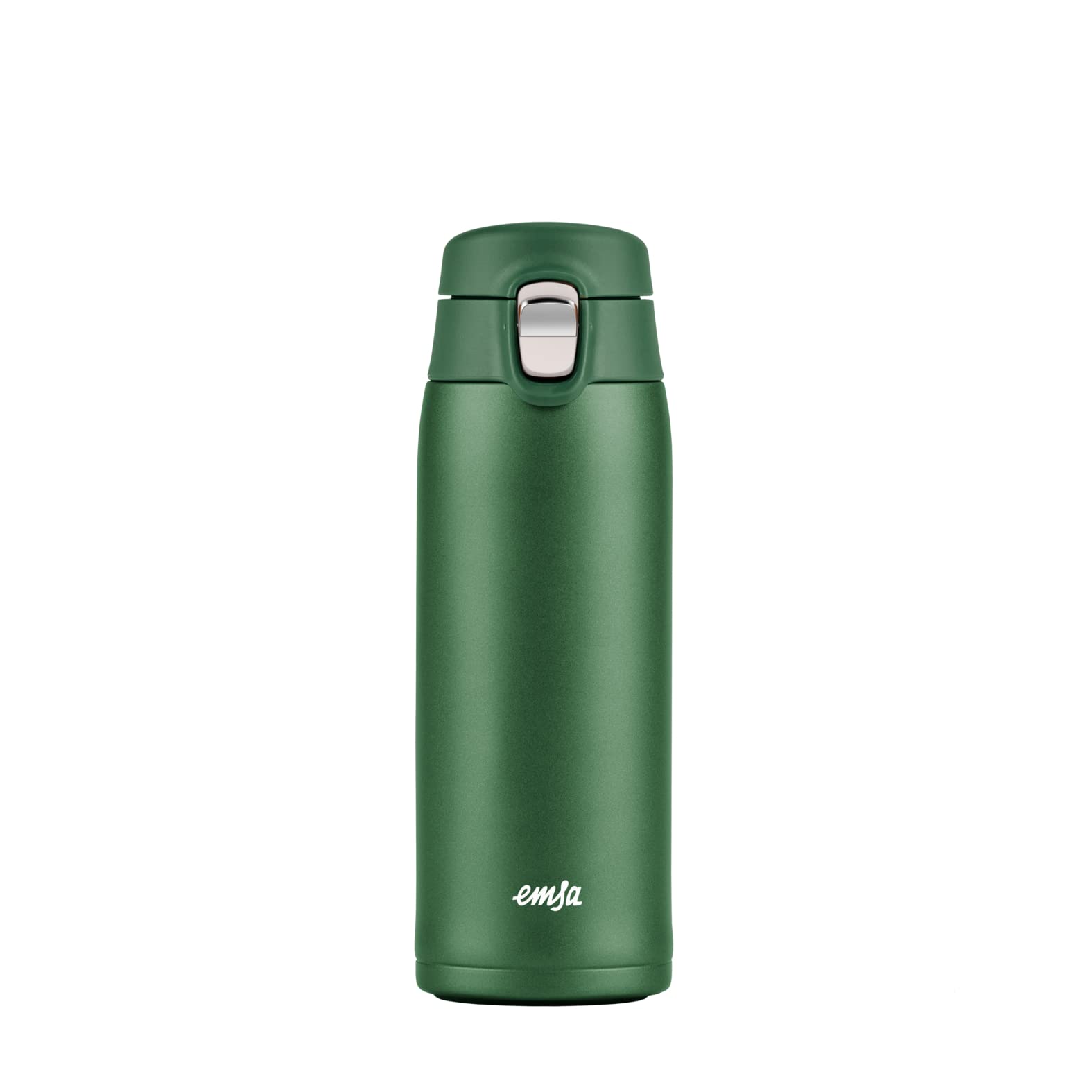 Emsa N21519 Travel Mug Light Isolierbecher, Fassungsvermögen: 0,4 L, extra-schlankes Format, Leichtgewicht, Edelstahl, Klappverschlusssystem, 100% dicht, 8h heiß/16h kalt, Grün