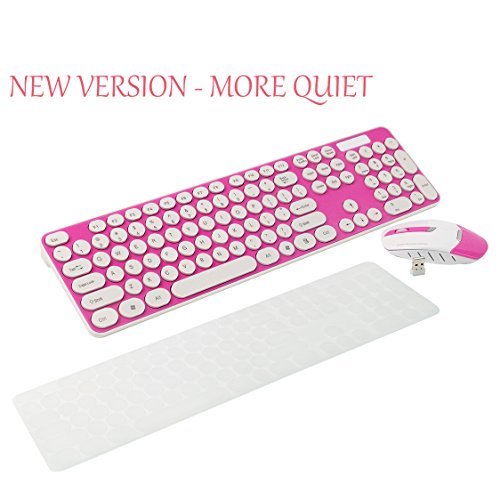 Wireless Keyboard and Mouse Combo, 2.4GHz Cordless Cute Round Key Set Smart Power-saving Whisper-Quiet Slim Combo for Laptop, Computer,TV and Mac (Dark Pink)