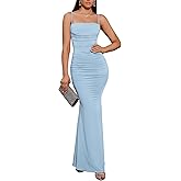 EYNMIN Women's Sleeveless Bodycon Corset Maxi Dress Spaghetti Strap Ruched Elegant Evening Wedding Guest Long Formal Dresses