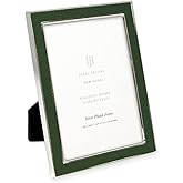 Isaac Jacobs 5x7 Olive Leather with Silver Metal (Vertical & Horizontal) Picture Frame, Suede Border w/Black Fabric Easel, Wall-Mountable, Made For Tabletop, Photo Gallery (5x7, Olive W/Silver)
