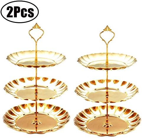 2Pcs 3 Tier Fruit Plate Cupcake Stand Stainless Steel Gold for Desserts Cakes Fruits Candy Buffet Holder for Wedding Home Birthday Party Serving Platter (Gold)