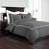Beckham Hotel Collection Luxury Soft Brushed 2100 Series Embroidered Microfiber Duvet Cover Set with Beautiful 2-Stripe Embroidery - Hypoallergenic - Full/Queen - Gray/Silver