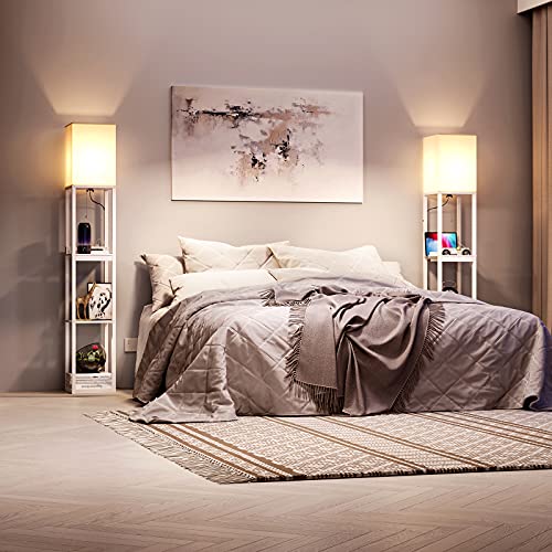 SUNMORY Dimmable Floor Lamp with Shelves,Modern Solid Wood Standing