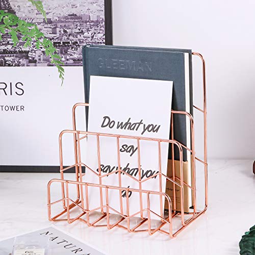 Simmer Stone Mail Sorter, 3 Slot Letter Holder Rack, Decorative Desk Paper Organizer for Postcards, Envelopes, Brochures and Files, Size 5.9" x 3.9" x 7.1", Rose Gold