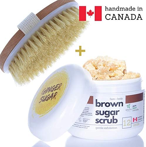 Ginger Sugar Scrub + Dry Brushing Body Brush - Exfoliating Face & Body Scrub 100% Naturally Derived Botanicals - Uplifting Ginger Oil - Handmade in Canada - 8 oz + Bonus Brush