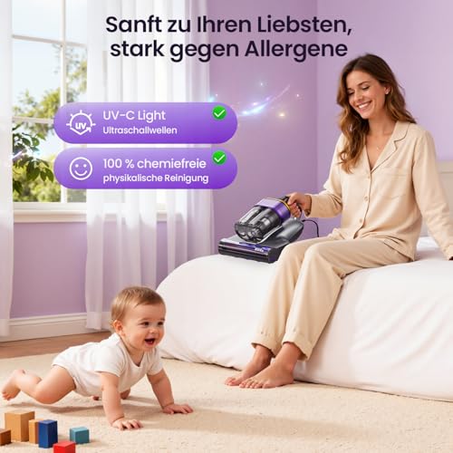 Mite Vacuum Cleaner for Mattresses with 18 kPa Suction Power, UV-C Light, 63°C Hot Air and 2 Brushes, Bed Vacuum Cleaner and Mattress Cleaner for Mattresses, Beds, Sofa