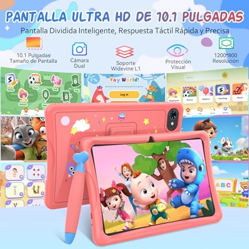 TABWEE K10 Kids Tablet 10 Inch, Android 15 Kids Tablet, 12GB RAM (4+8) 64GB ROM (TF 2TB), Wi-Fi, Parental Control, Children's Educational Tablet with Pink Case