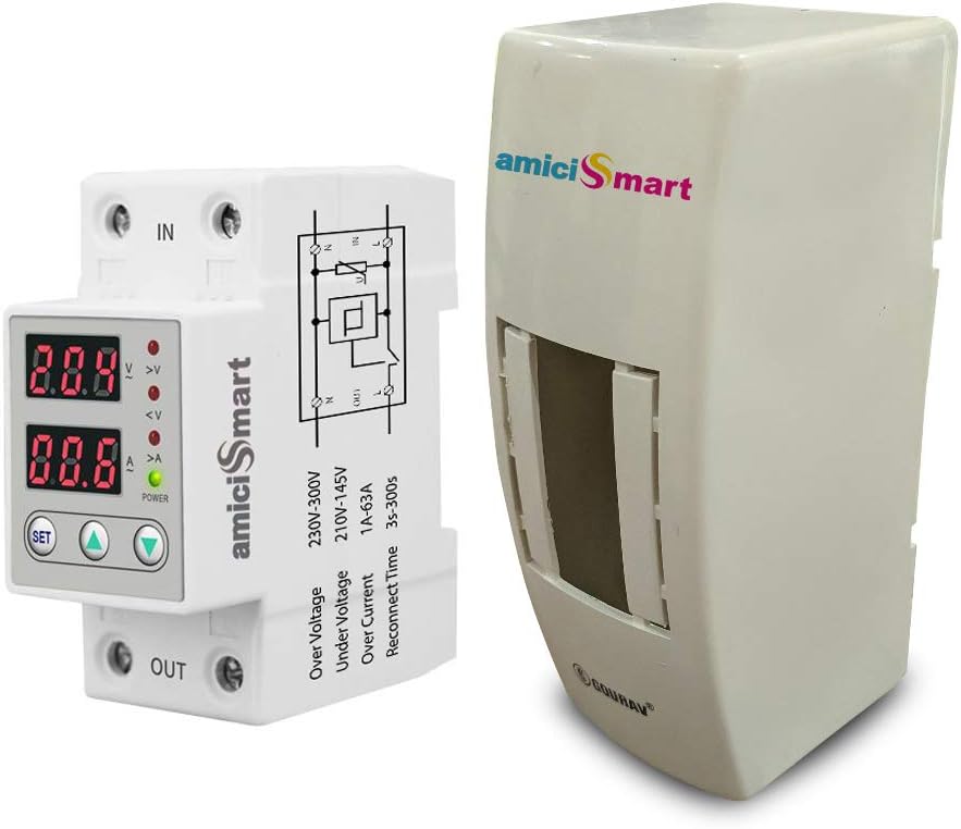 amiciSmart Automatic Over/Under Voltage (Adjustable Setting) Protection with Auto Re-connect LED Display Standard Din-Rail Mounted Single Phase 220V, 63A