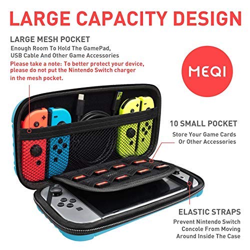 MEQI Nintendo Switch Carrying Case Protective Hard Shell Slim Travel Carry Case -10 Game Cartridge Holders Portable Carry Case Pouch for Nintendo Switch Console & Accessories - Blue