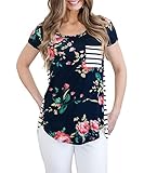 MEROKEETY Women's Floral Print Striped Tee Crew Neck Shirt Short Sleeve Tops With Pocket