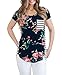 MEROKEETY Women's Floral Print Striped Tee Crew Neck Shirt Short Sleeve Tops With Pocket