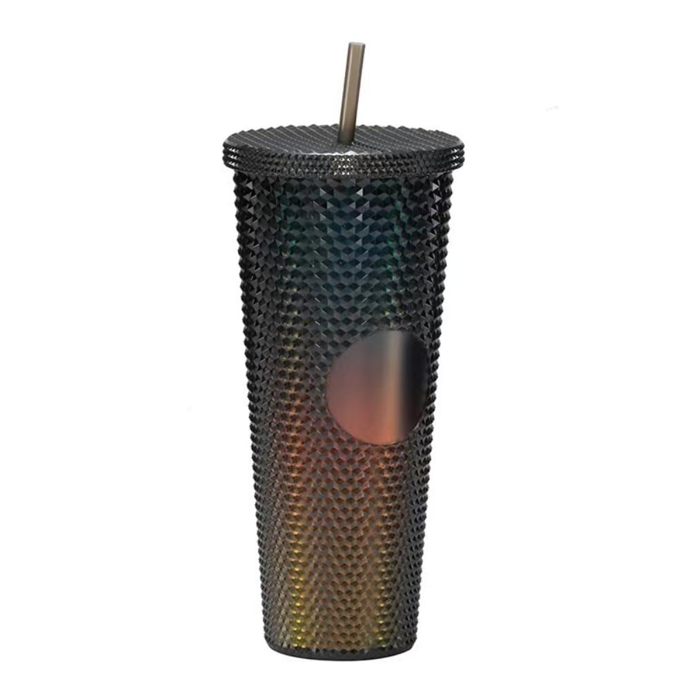 RYHMHA Diamond Plastic Thermal Mug with Straw and Lid，Double Walled Cold Cup，Iced Cold Drinking Coffee Travel Mug 24oz Party Tumbler-Black (Black)