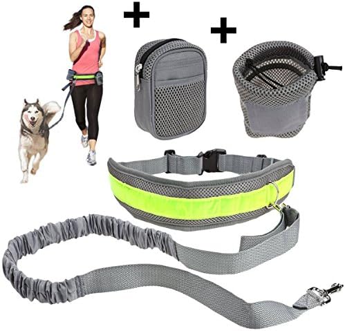 Hands Free Dog Leash for Running or Walking, Include Adjustable Waist Belt, Zipper Bag, Dog Snacks &amp; Treat Pouch (Grey)