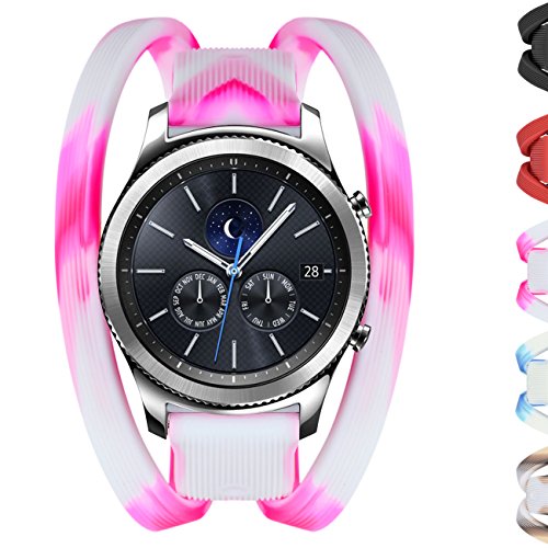 Gear S3 Bands, Silicone Watch Bands for Women Double Tour Rubber Strap Quick Release Color Splicing Wristband with Metal Clasp for Samsung Gear S3 Frontier/Gear S3 Classic Smart Watch (White-Pink)