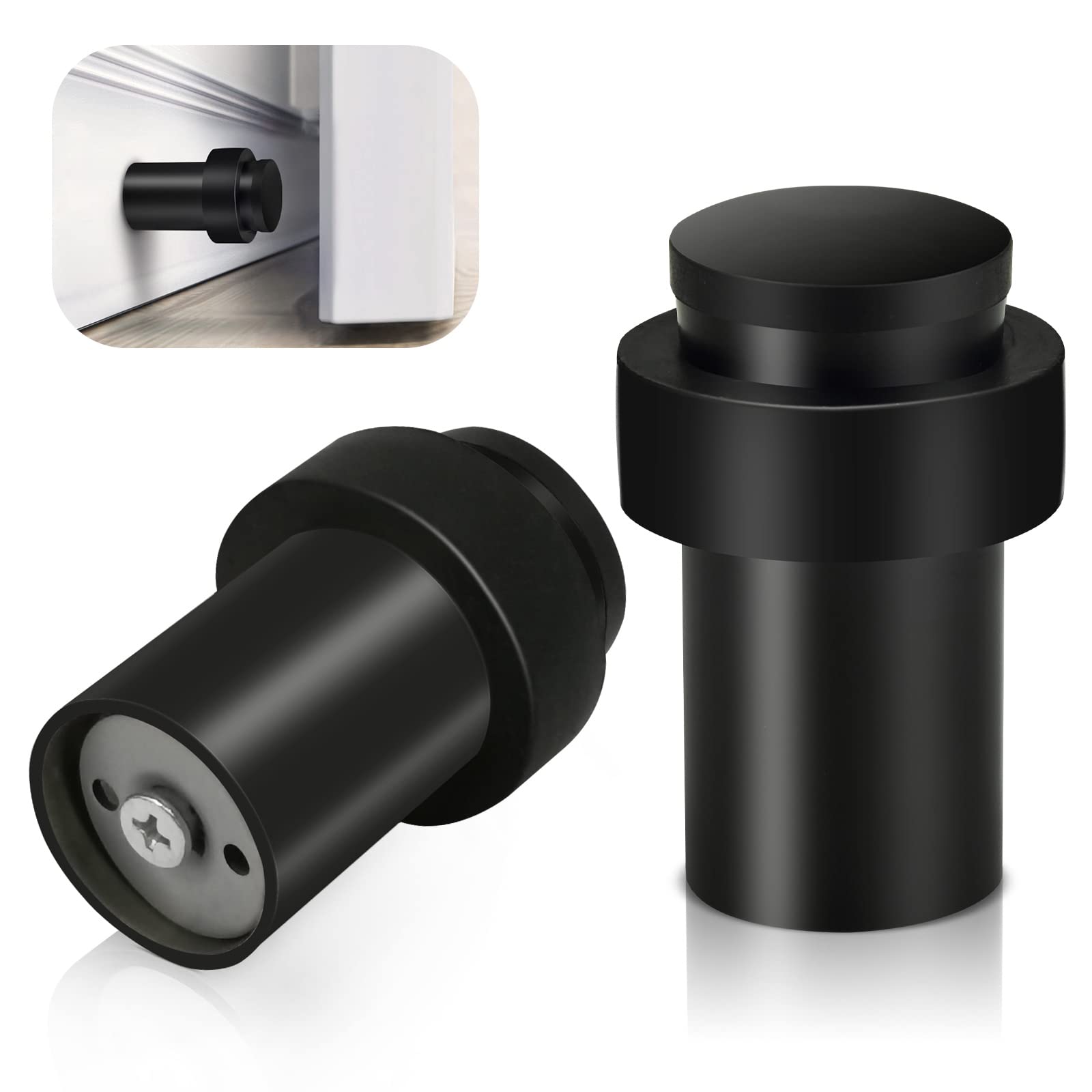 Door Stoppers, Floor Mounted Door Stop Black Heavy Duty Doorstop Stainless Steel Modern Door Stops Bumper Wall Protector Decorative Solid Rubber Tall Floor Door Stopper for Skirtings, 65mm 2 Pack