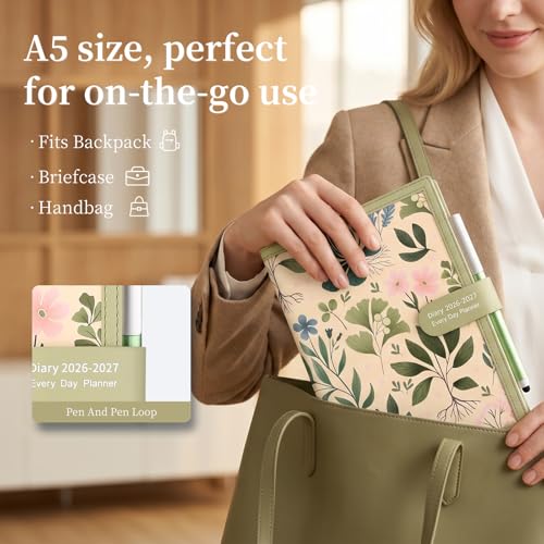 Mljtoyo Academic Planner 2026-2027, A5 Page Per Day, Daily Planner July 2025 - June 2026, A5 Daily Planner with Pen, Stickers, Back Pocket, 3 Bookmarks (Matcha Green, A5)