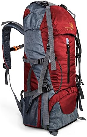 LUKATU 60+5L Water Resistant Hiking Backpack Outdoor Bag Travel Daypack 12.2''x 9.8''x 29.9'' (Red)