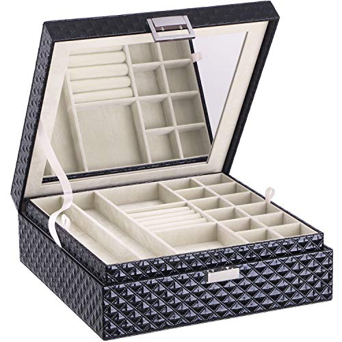 BEWISHOME Jewelry Organizer 2 Layer Jewelry Box for Women Girls - Large Movable Mirror, Bright Embossed Black PU Leather - Display Storage Case for Earring Ring Bracelet Necklace SSH51B BEWISHOME Jewelry Organizer 2 Layer Jewelry Box for Women Girls - Large Movable Mirror, Bright Embossed Black PU Leather - Display Storage Case for Earring Ring Bracelet Necklace SSH51B