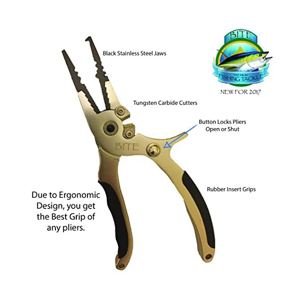 BITE-Professional-Aluminum-Saltwater-Fishing-Pliers-Spring-Loaded-Rubber-Insert-Grips-Tungsten-Carbide-Cutters-WITH-a-SET-of-REPLACEMENT-CARBIDE-CUTTERS-PREMIUM-CLIP-SHEATH