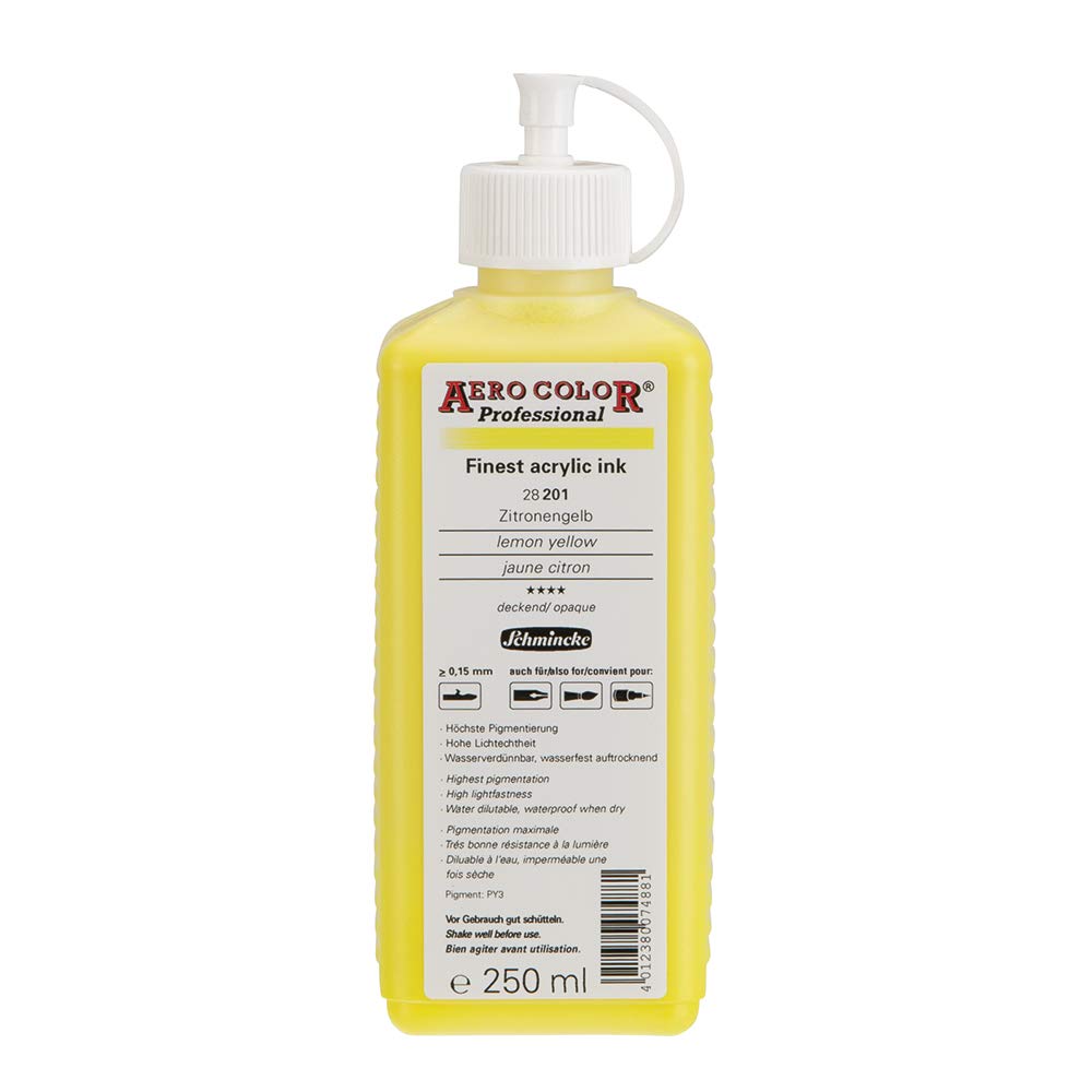 Schmincke - AERO COLOR® Professional, Lemon yellow 250 ml, 28201027, highly liquid, highly brilliant acrylic colour for acrylic painting, airbrush, mixed media, acrylic ink — image 1