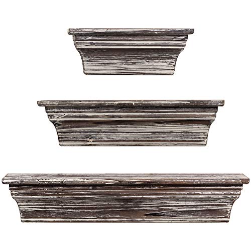 MyGift Rustic Torched Wood Wall Mounted Display Floating Shelves for Bathroom, Kitchen, Bedroom, Living Room, Set of 3
