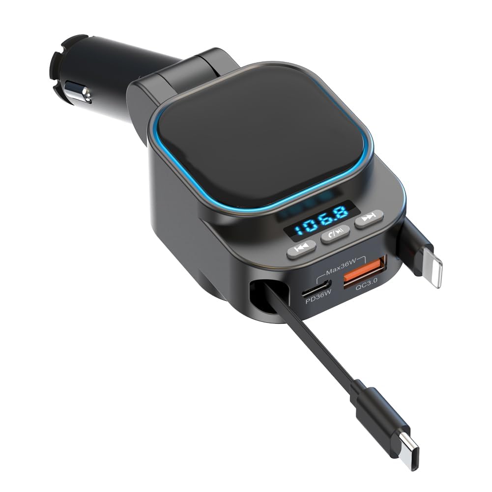 Retractable 96W Car Charger with Bluetooth 5.3 FM Transmitter for High Sound Quality, Easy Setup, 4-in-1 Fast Charging, Handsfree Calling, USB-C Adapter for iPhone 11-17
