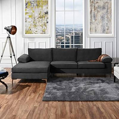 Casa Andreamilano Modern Large Velvet Fabric Sectional Sofa L Shape Couch With Extra Wide Chaise Lounge Silver