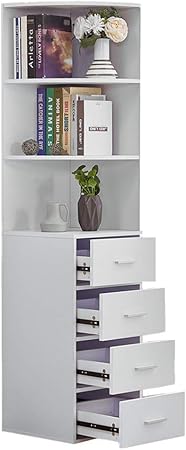 Boju Living Room Bookcase White Tall Cabinet With 4 Drawers 3 Shelves Corner Wood Bathroom Unit Storage Cabinet Cupboard Sideboard Slimline Amazon Co Uk Kitchen Home