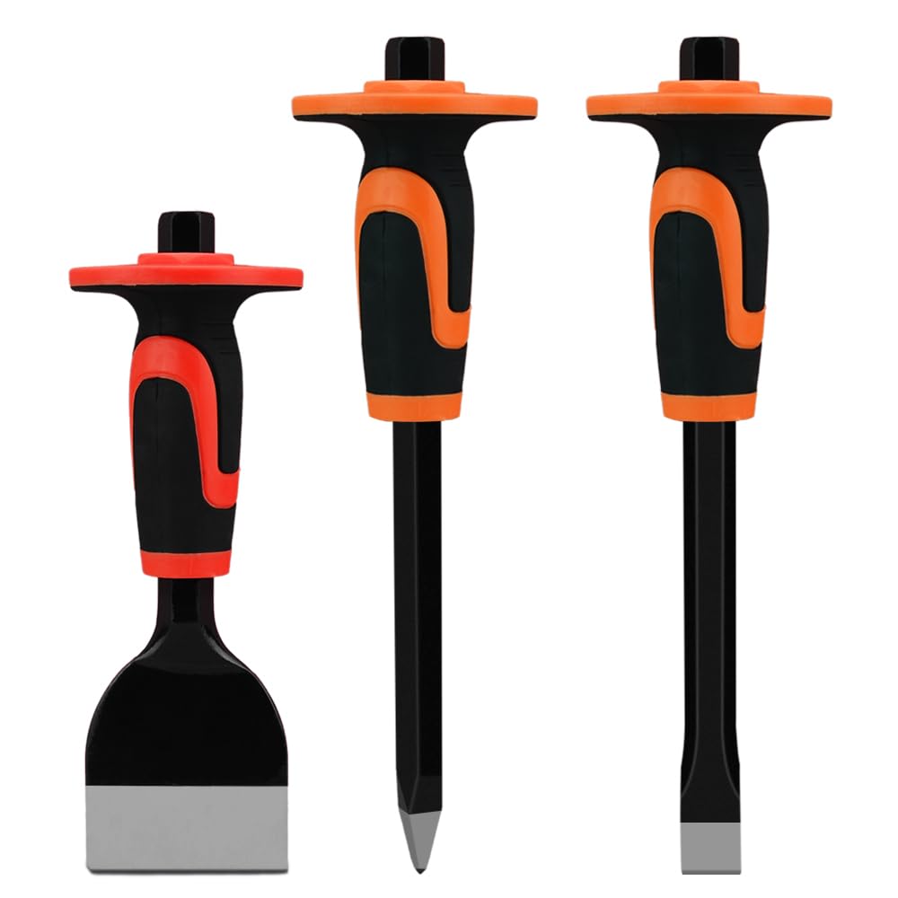 Professional 3-Piece Masonry Chisel Set with Bi-Material Handle (300 mm/250 mm) - Hand Protection for Bricks/Stone