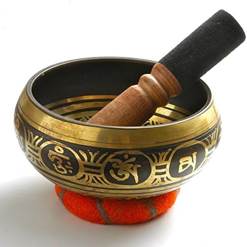 Tibetan Singing Bowl 5-inch (Singing Bowls/Meditation Bowl) - hand-painted from Nepal. Handmade Felt Cushion, Wood/Leather Mallet, handmade Lokta paper box. Om Mani Padme Hum. Imagination Imports (R)